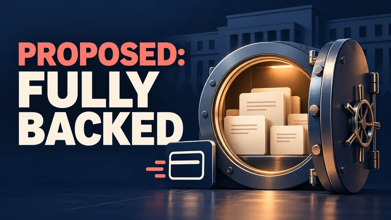 A generic reserve vault holds blank asset documents beneath the words ‘PROPOSED: FULLY BACKED.’
