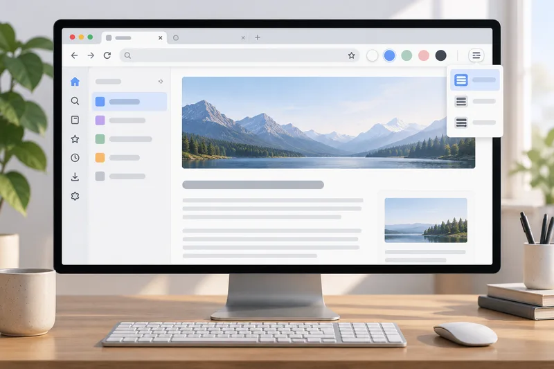 A generic browser window shows a wide webpage beside a sidebar, with compact toolbar spacing and theme controls.
