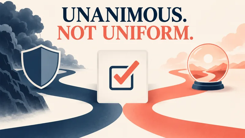 A single checked policy decision receives two distinct paths, one marked by a shield and one by a forecast landscape, beneath ‘UNANIMOUS. NOT UNIFORM.’