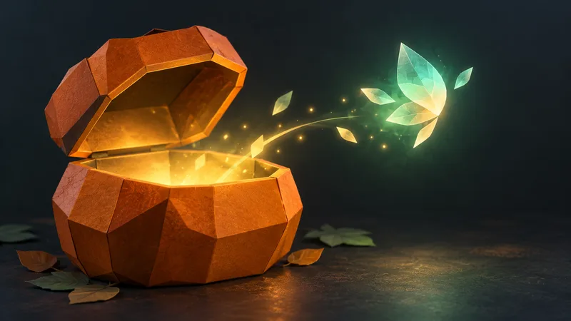 A generic orange chest-like container releases a glowing geometric leaf-shaped sprite across a dark editorial background.