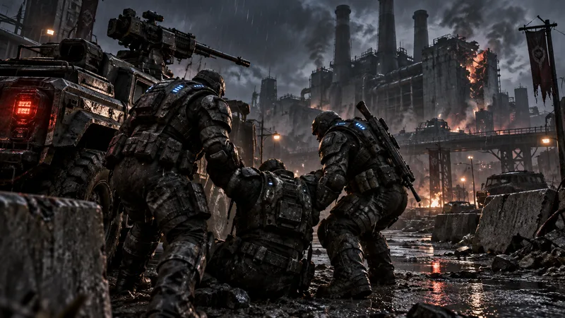 An armored squad helps a downed teammate on a rain-darkened industrial street.