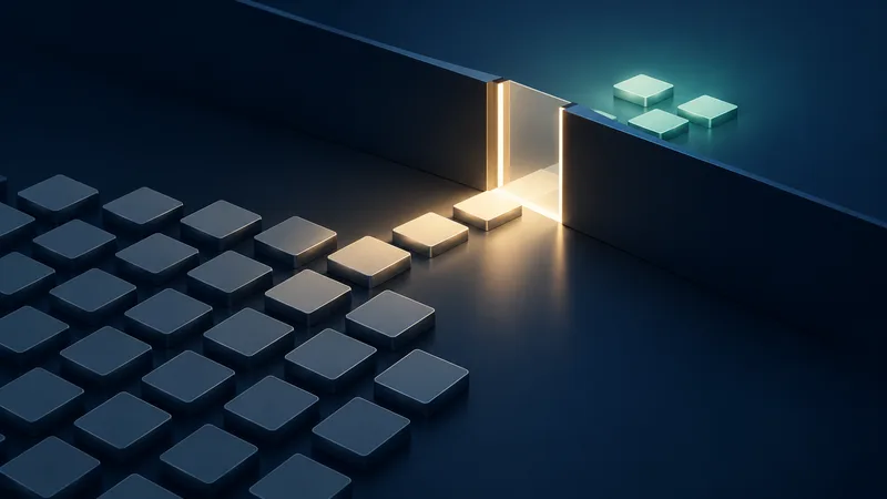 A field of blank geometric tiles approaches a narrow lit gate, with a few blank tiles visible beyond it.
