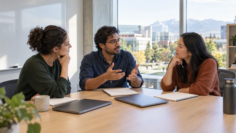 Three researchers discuss a computational project beside closed laptops and blank notebooks in a university collaboration room.