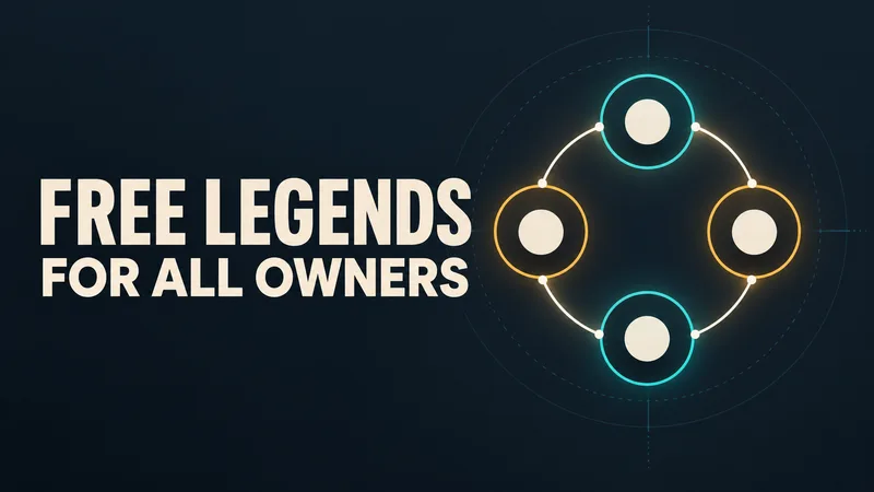 Four abstract co-op nodes form a connected circle beside the words FREE LEGENDS and FOR ALL OWNERS.
