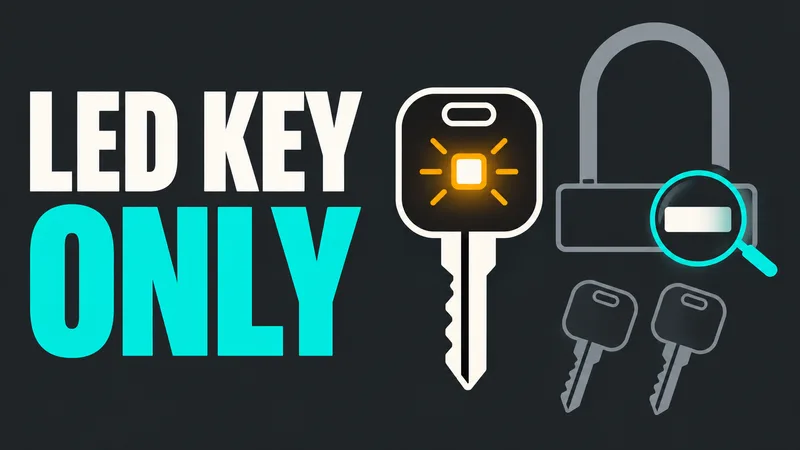 A flat vector diagram shows a glowing LED-key symbol beside an unbranded lock outline and blank serial label, with the words “LED KEY ONLY”.