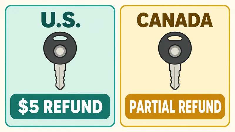 Two flat vector panels compare a U.S. $5 refund with a Canadian partial refund for the recalled LED key.