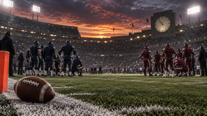 Two anonymous football teams wait across midfield under stadium lights after an overtime game.