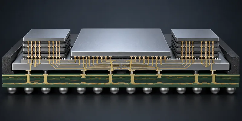 A cutaway package shows a silicon interposer connecting a central logic die with two stacked memory modules.