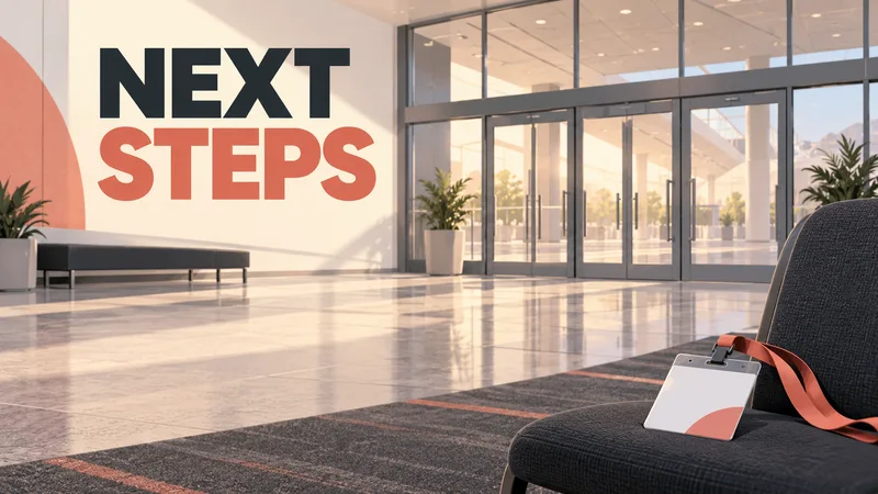 Concept illustration of an empty convention-center entrance with an unbranded conference badge on a chair and the words NEXT STEPS.