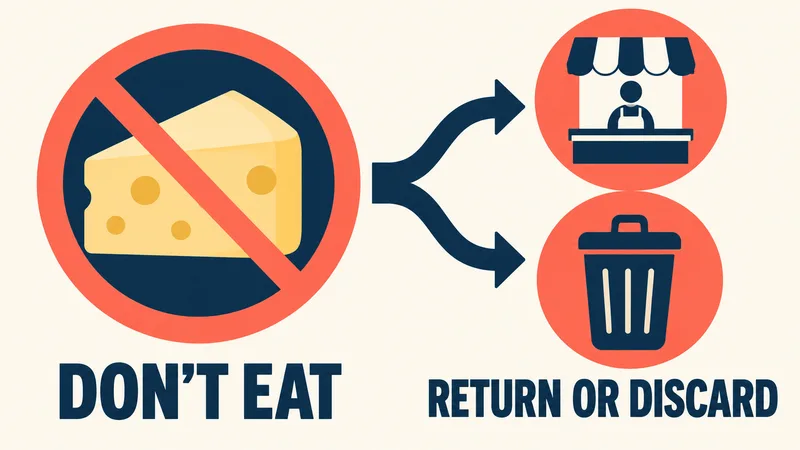 A generic cheese wedge marked against eating points to a neutral return counter and a waste bin, beside the words “DON’T EAT” and “RETURN OR DISCARD.”