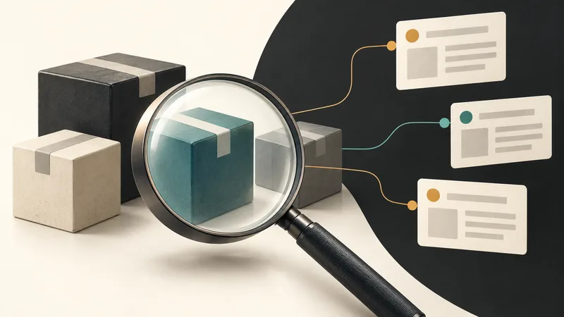 Generic software-package blocks sit beside a magnifying lens and blank advisory cards connected by fine lines.