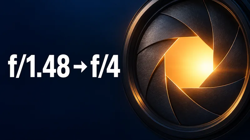 Concept illustration of one large generic camera iris with a warm glowing center beside the exact range text f/1.48 → f/4.