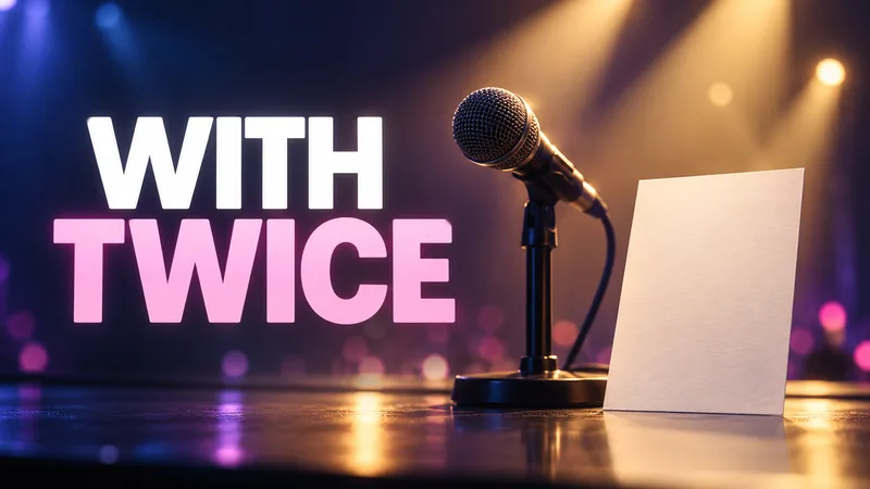 An unbranded microphone and plain document card beside the words WITH TWICE.