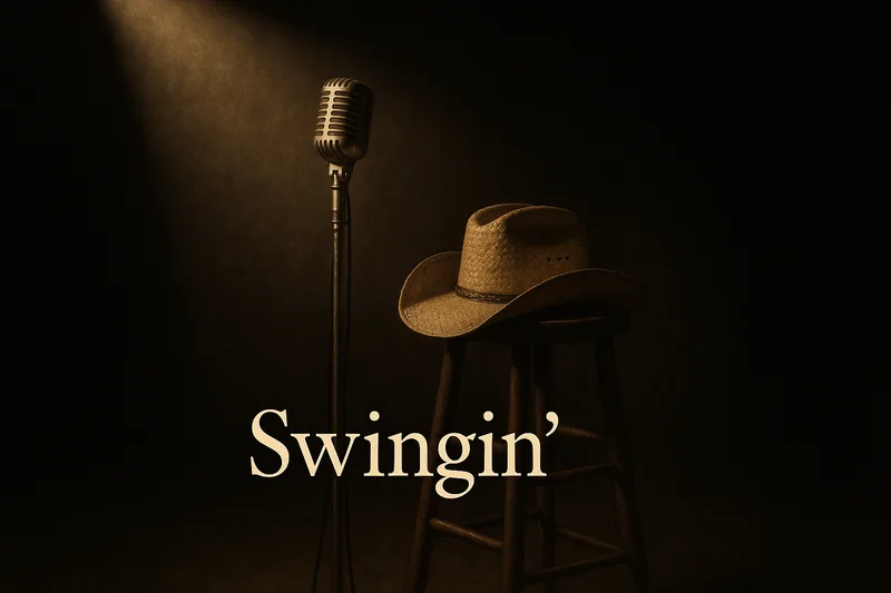 Concept illustration of a vintage microphone and a straw cowboy hat under a spotlight on a dark stage