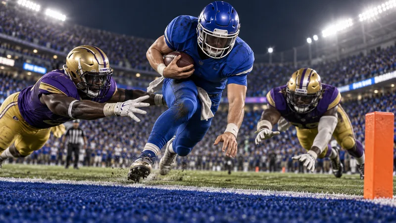 An anonymous quarterback runs through the middle during an overtime football play.