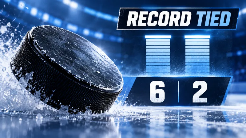 Concept illustration: a hockey puck beside two equal record markers, the words Record Tied, and a 6-2 score.