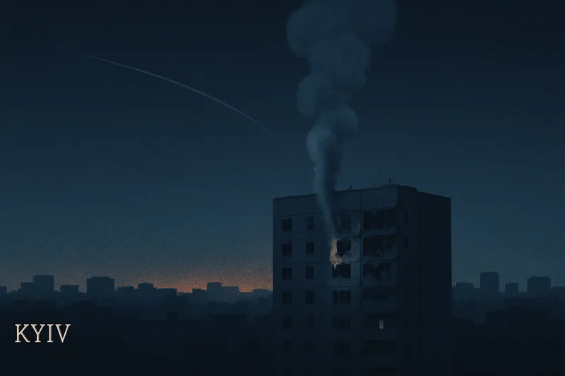 Concept illustration of smoke rising from an apartment block in a dark city skyline
