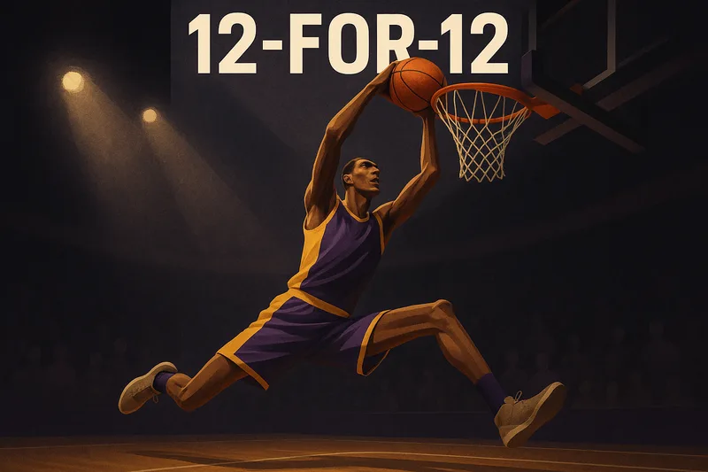 A generic basketball center in purple and gold dunking, with the hook 12-FOR-12 displayed.