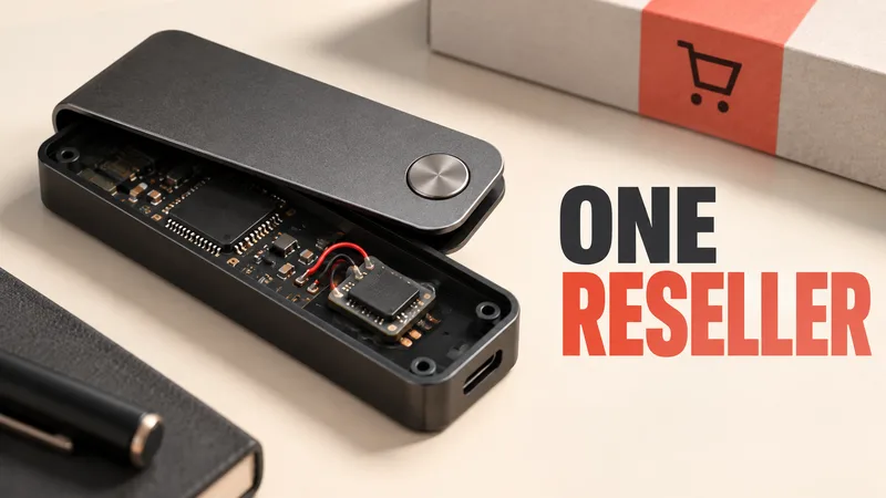 Concept illustration of an unbranded hardware wallet opened to reveal a small added electronic component, with the words 'ONE RESELLER'.