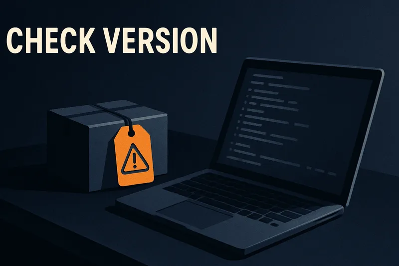 A software package crate with a warning tag beside a laptop, with the hook CHECK VERSION.