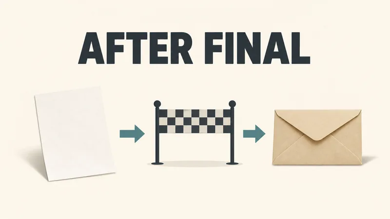 Concept illustration of a blank score sheet moving through a final-event threshold toward an unmarked envelope beneath AFTER FINAL.