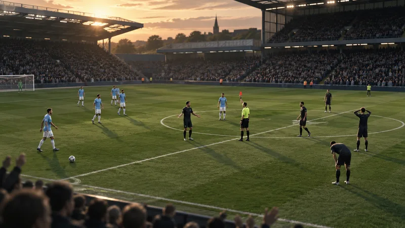 A referee raises a red card during a generic football match at a full stadium.
