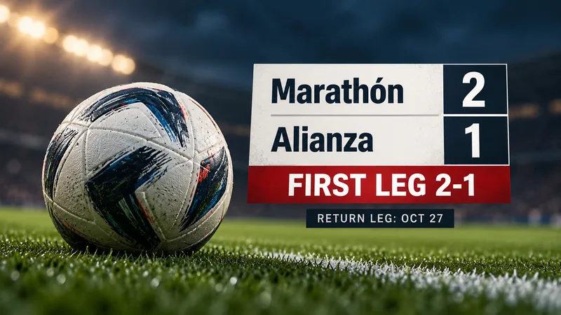 Concept illustration: football beside Marathón 2, Alianza 1, First Leg 2-1, return leg Oct 27.