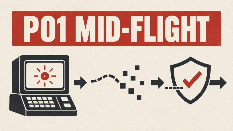 A generic simulator trigger marked P01 MID-FLIGHT sends an abstract navigation-data path through fragments toward a protective software guard.