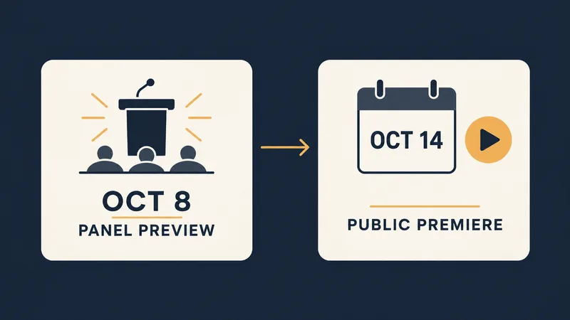 A two-step timeline shows an October 8 panel preview followed by an October 14 public premiere.