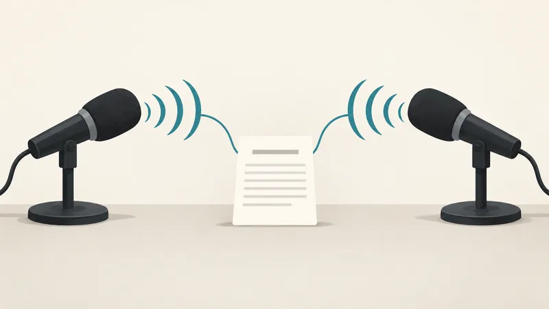 Two generic microphones send separate sound waves toward one blank record card.
