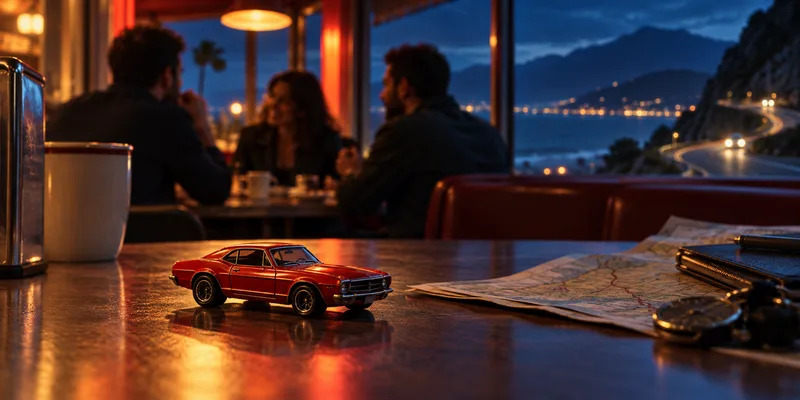 An unbranded red miniature car rests on a diner table as anonymous figures meet by a window overlooking a night road.