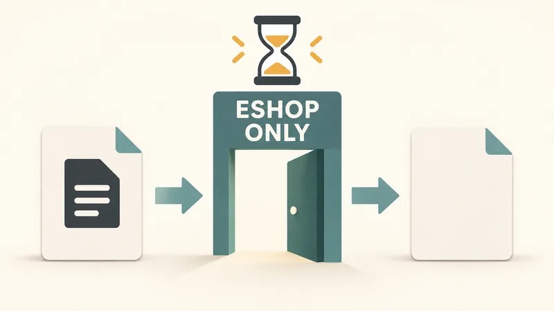Concept diagram of a generic digital-copy card passing through an ESHOP ONLY gateway, under an hourglass, to a blank Standard Edition card.