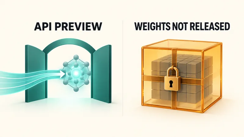 Concept diagram contrasting an open API preview route with a separate locked archive labeled “WEIGHTS NOT RELEASED.”
