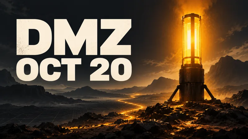 A glowing amber extraction beacon stands in an abstract dark landscape beside the words DMZ and OCT 20.