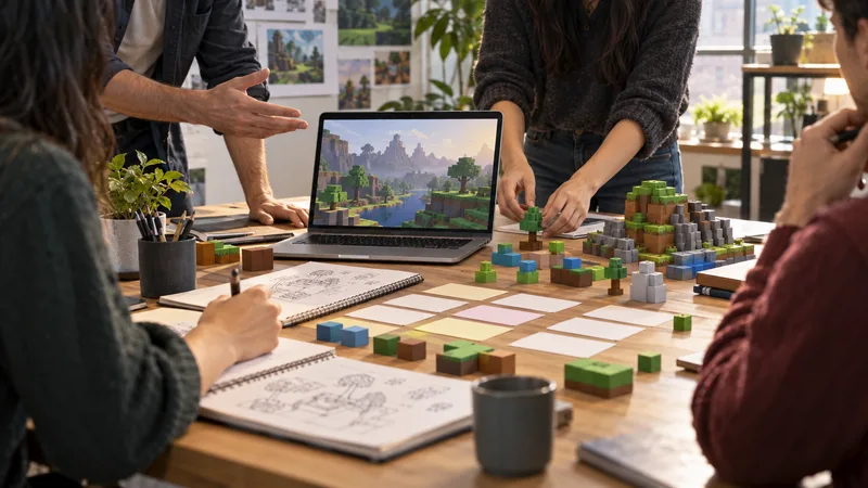 A product team discusses a block-building game concept at a design table with colorful geometric models.