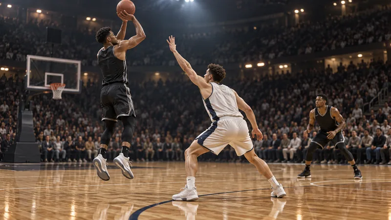 An unmarked basketball shooter releases a jump shot as a defender contests from directly in front.