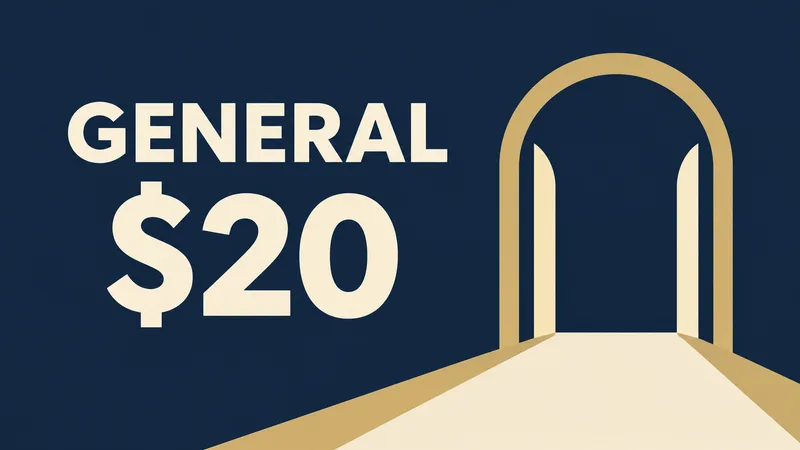 The words GENERAL $20 sit beside a simple abstract doorway drawn in flat shapes.