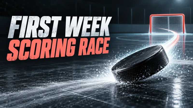 A generic hockey puck glides toward a blank goal outline beneath FIRST WEEK and SCORING RACE.