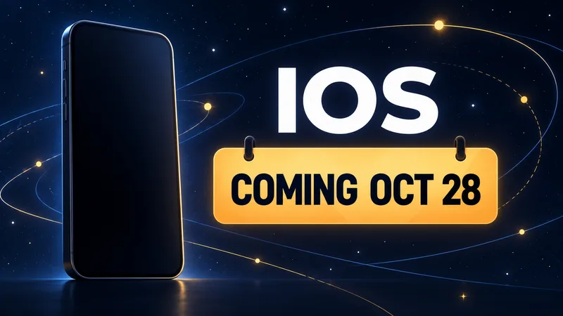 A blank generic smartphone sits beside a bright date tile reading IOS and COMING OCT 28 against an abstract dark-blue star field.