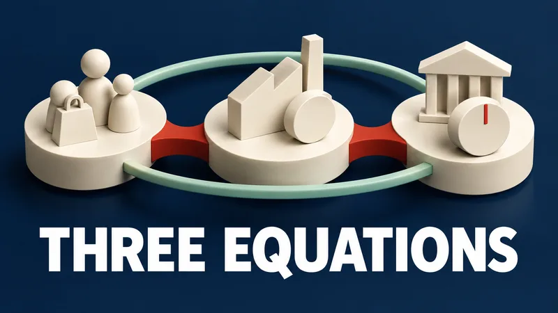 Three connected ivory platforms suggest household decisions, business pricing and a policy-rate mechanism, with the words THREE EQUATIONS below.