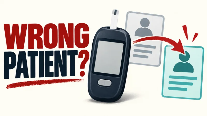 Concept cover of an unbranded hospital glucose meter with an arrow between anonymous record cards beside WRONG PATIENT?