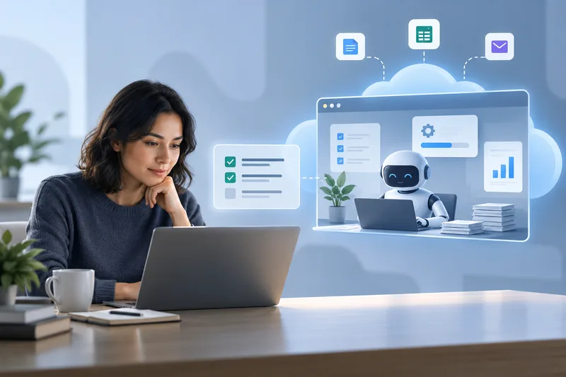 A person reviews a laptop beside an abstract cloud workspace where an AI agent works with connected apps.