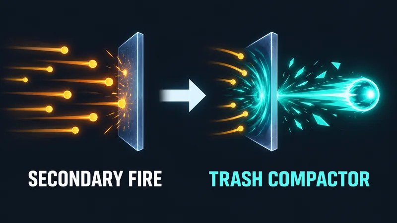 Generic amber projectiles meet a barrier and a teal burst travels back outward beneath the words SECONDARY FIRE and TRASH COMPACTOR.