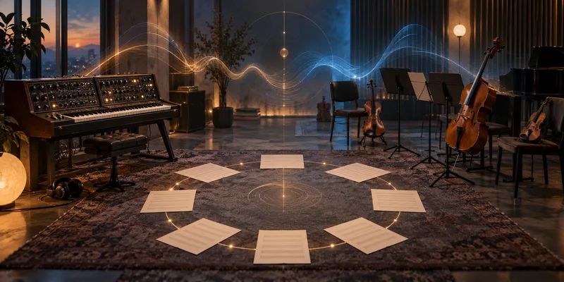 A synthesizer and string instruments surround eight blank music pages linked by abstract sound waves.