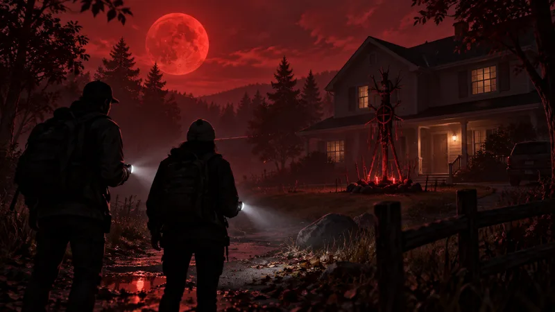Two anonymous ghost hunters face a crimson totem beside a suburban house under a red moon.