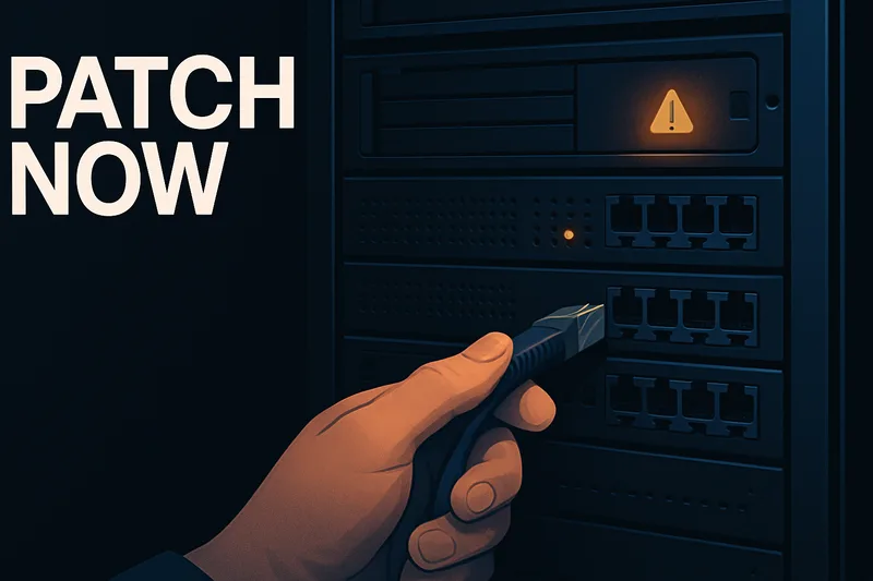 A data-centre rack with an amber warning light and a hand plugging in a cable, with the hook PATCH NOW.