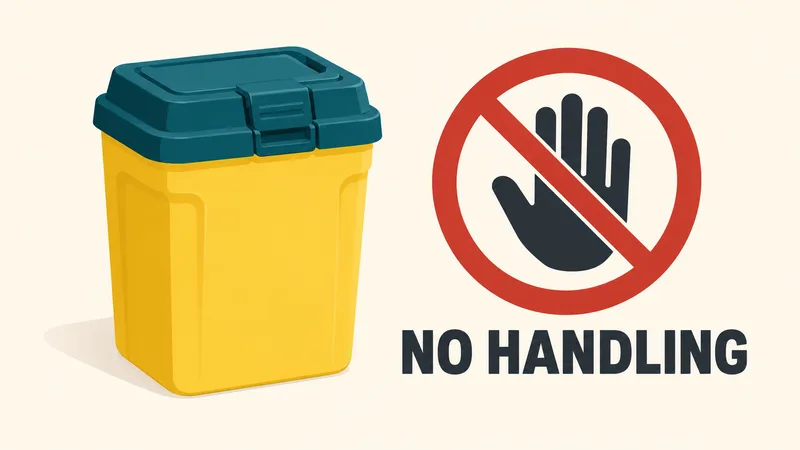 A closed yellow puncture-resistant container sits beside a crossed-out hand symbol under “NO HANDLING”.
