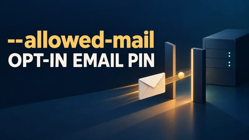 A generic envelope and proof token pass through an open gate toward an unbranded local server under the words --allowed-mail and OPT-IN EMAIL PIN.