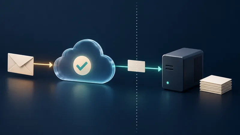 A generic envelope passes through a cloud-shaped verifier; a blank proof tile crosses to an unbranded local machine beside a small stack of local list cards.