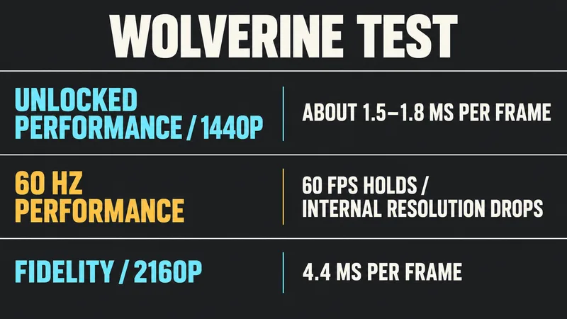 A three-row Wolverine test infographic compares unlocked performance at 1440p, 60 Hz performance with resolution scaling, and fidelity at 2160p.